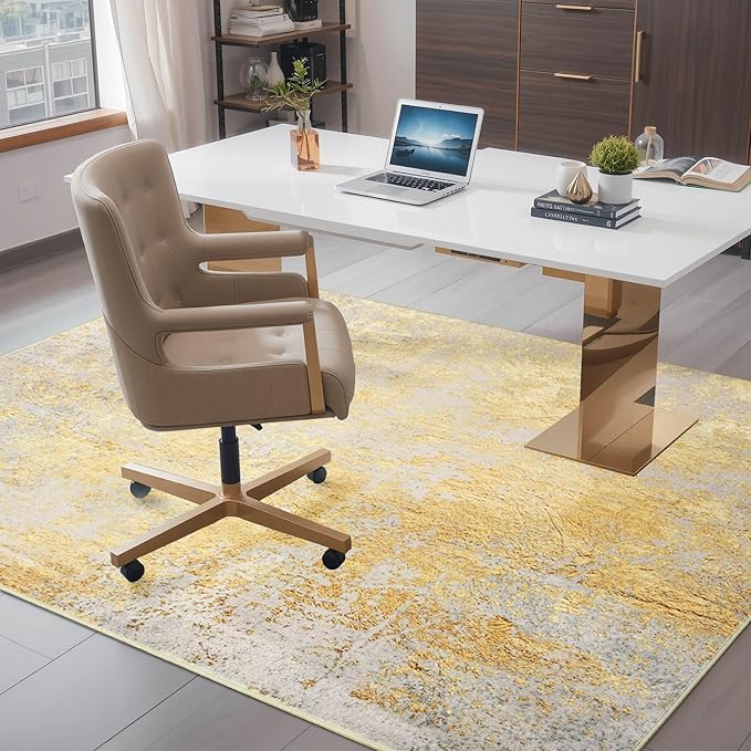 Nursery Rug for Baby Girl, 5x7 Gold Washable Rugs for Living Room Bedroom Dorm Non Slip, Stain Resistant Neutral Carpet Low Pile for Classroom, Dining Room, Kids Playroom