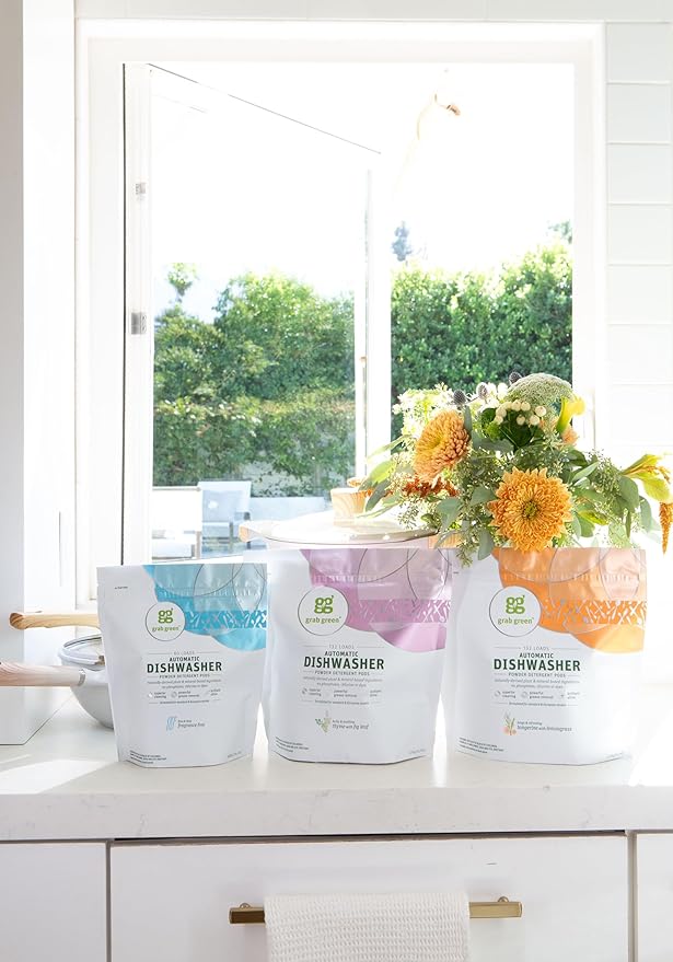 Grab Green Automatic Dishwashing Detergent Pods, 12 Count, Tangerine Lemongrass Scent, Plant and Mineral Based, Superior Cleaning, Powerful Grease Removal, Brilliant Shine