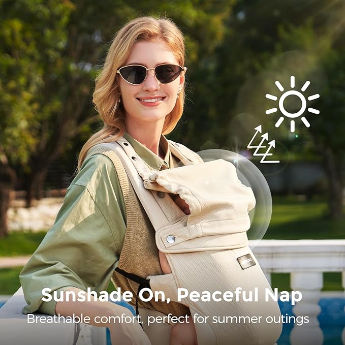 Momcozy Newborn Baby Carrier - Ergonomic, Cozy and Lightweight Carrier for 7-24lbs, Adjustable Neck Support with Sunshield, Breathable Airmesh Perfect for Summer Outing, Khaki
