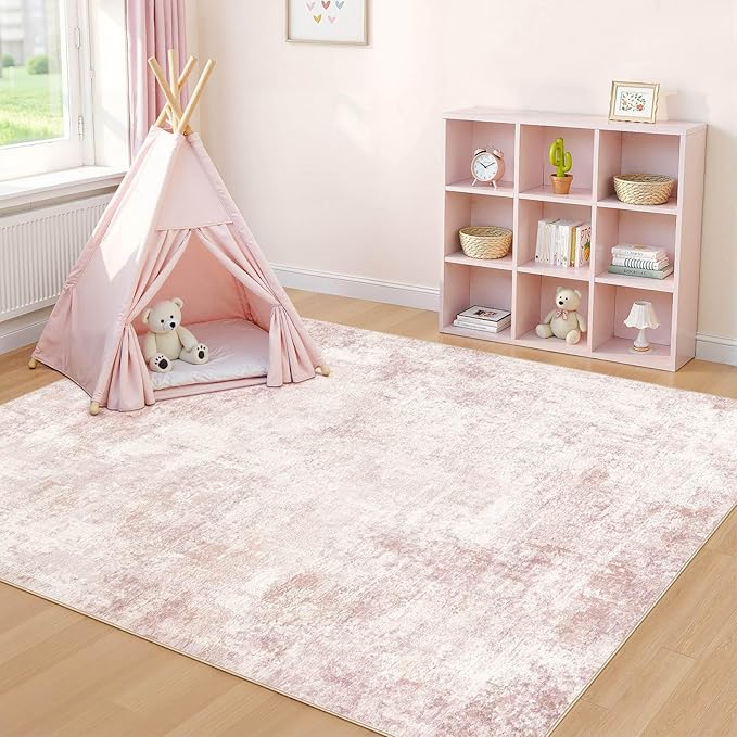 Pink Rugs for Bedroom Girls: 8x10 Washable Large Modern Soft Area Rug Indoor Non-Slip Cute Carpet for New Parents Aged 25-45 - Living Room Nursery Kids Playroom Preppy Room Baby Room Decor