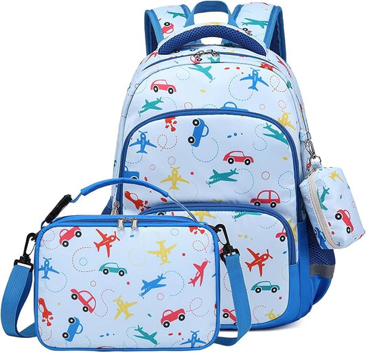 mygreen 3PCS Kids Backpack Set - Waterproof Bookbag with Lunch Box for Boys Ages 3-12, Adorable Cartoon Prints for School & Outdoor Use Light Blue Airplane