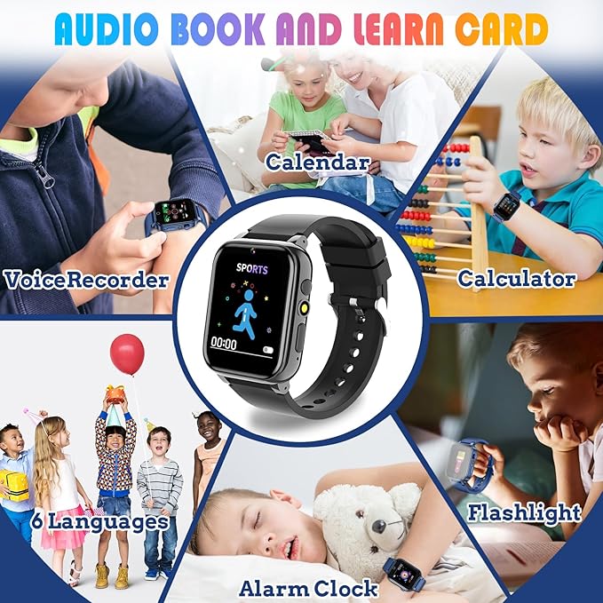 Goodatech 1.69'' Kids Smart Watch for Kids Boys Girls, Camera,26 Puzzle Games,Video Music Player,Pedometer,Alarm Clock, Learning Education Toys Gifts for 4-12 Years Children (Black)