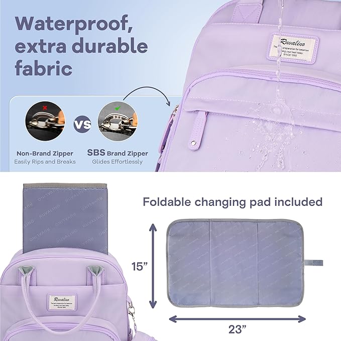 RUVALINO Diaper Bag Backpack, Multifunction Travel Pack Maternity Baby Changing Bags, Large Capacity, Waterproof, Taro Purple