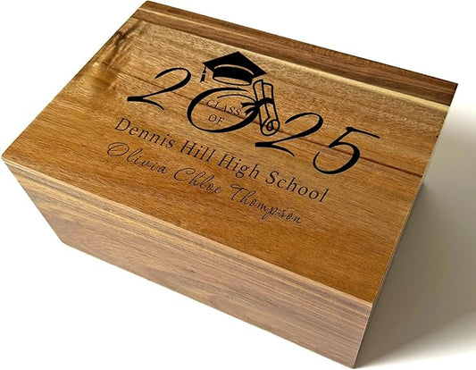 Graduation Memory Box 2025 - Personalized Graduation Gifts for Her Him, Custom Engraved High School Memory Box Organizer Boys Girls, Keepsake Time Capsule, Wooden Storage Chest Congrats Grad