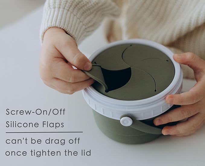 No Spill Silicone Toddler Snack Containers, Detachable Silicone Flap for Filling&Cleaning, Crumb-Free Hard Plastic Screw Travel Lid, Ultra-Soft for Baby Kids Hand In-Out, Snack Cup Holder 12 oz