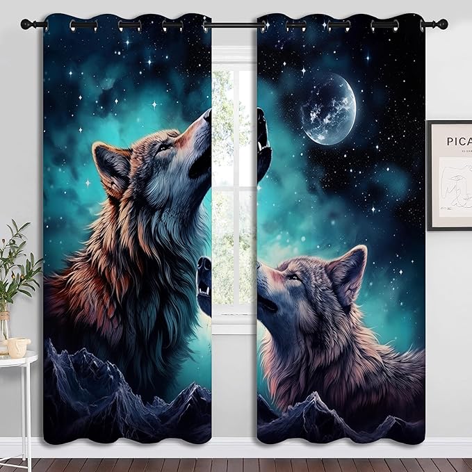 Wolf Blackout Curtains for Boys Girl Bedroom Decor,Starry Sky Howling Wolf Under The Full Moon Thermal Insulated Grommet Drapes Darkening Window Curtain for Living Room Home 72x63 inch