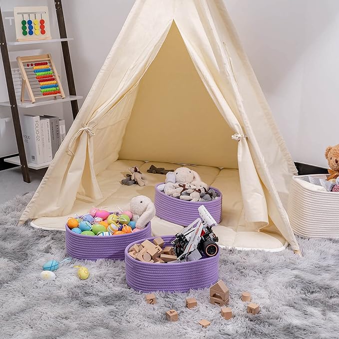 Baskets Bins for Shelf Storage Organizing/Cute Basket to Store and Organize Household Items/Woven Rope Basket for Living Room, Bedroom,Playroom,3 Packs Purple Basket