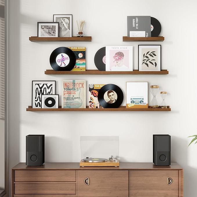 Picture Ledge Wall Shelves 48 Inches Width Set of 3, Solid Pine Wood Rustic Floating Ledge for Kids' Room Bedroom Kitchen Bathroom, Long Floating Shelves for Wall Decor, Walnut