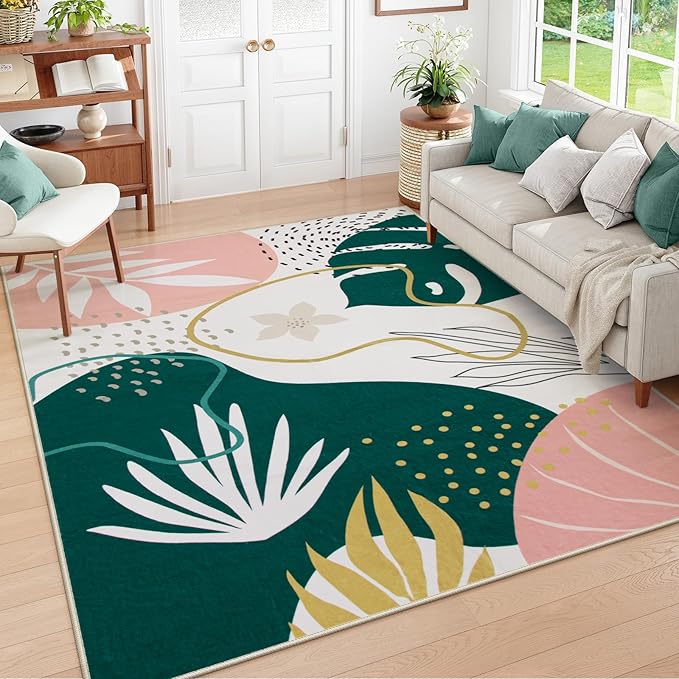 Lahome Washable 8x10 Rug - Non-Slip Living Room Rugs 8x10 Ultra-Thin Large Soft Bedroom Rugs, Boho Botanical Print Indoor Stain Resistant Floor Rug for Dining Room Table Office (8'x10',Green/Pink)