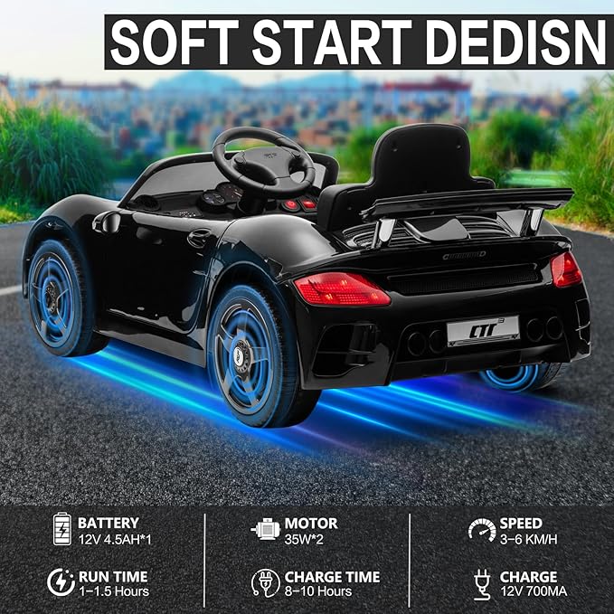 Licensed RUF CTR3 12V Kids Electric Car with Parent Remote Control, 2 Motors, 3 Speeds, LED Lights, MP3 Player | Battery Powered Ride-On Toy for Kids to Drive - Black