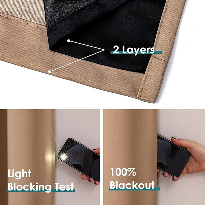 ChrisDowa 100% Blackout Curtains for Bedroom with Black Liner, 2 Thick Layers Total Blackout Thermal Insulated Grommet Window Curtains 2 Panels Set (Cappuccino, 52 x 84 Inch)