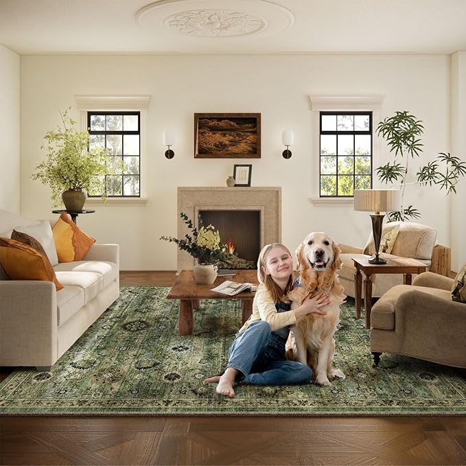 Washable Area Rugs for Living Room: 8x10 Rug Boho Vintage Rugs Stain Resistant Non Slip Low Pile Lightweight Soft Carpets for Bedroom Kitchen Dining Room Nursery Kids Room Farmhouse Home Office