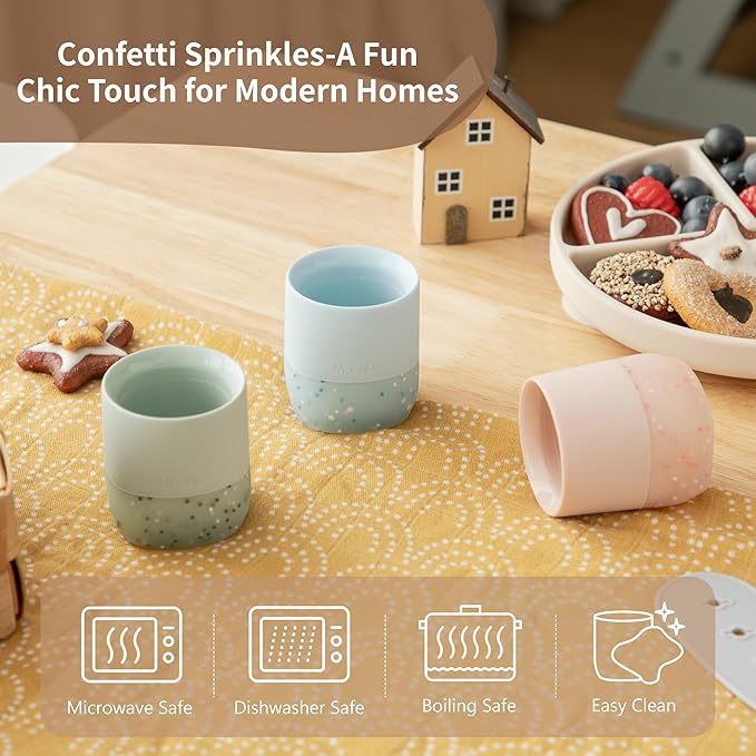 Moonkie Silicone Baby Cups 4 Months+ | Open Training Drinkware for Infants with Confetti Sprinkles | Baby-Led Weaning Essential | 2 oz (Ether/Mint, 2 Pack)