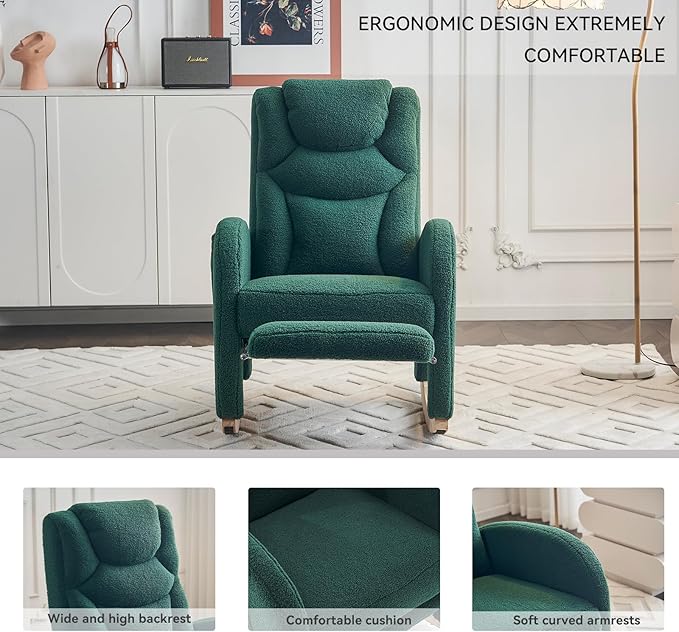 Rocking Chair Nursery, Modern Glider Chair with Adjustable Footrest and Solid Wood Legs, High Backrest Nursery Chair with Side Pocket, Rocker Armchair for Living Room Bedroom, Teddy Green
