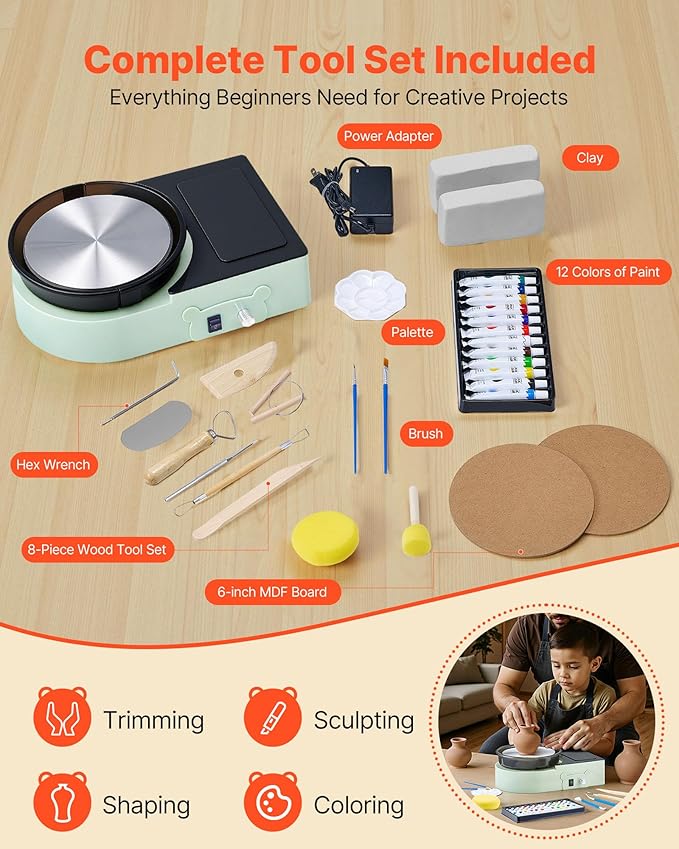 VEVOR Mini Pottery Wheel For Kids and Beginners, 6” Turntable, Two-way Rotation, Adjustable Speed, Complete Pottery Set with Clay Art Supplies Sculpting Tools, Craft Gifts for Kids Teens Adults, Green