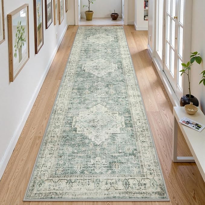 LIVEBOX Washable 2.5x10 Runner Rugs for Entryway Bathroom, Boho Kitchen Floor Mat Long Rug Runners for Hallways Non Slip, Farmhouse Low-Pile Carpet Runners for Laundry Room, Sage Green