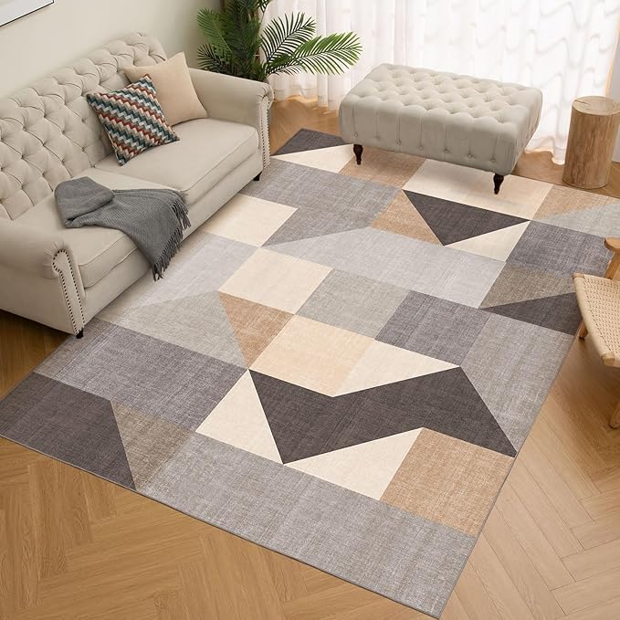 HOMFINE Washable Modern Area Rug - Geometric Style 8x10 Rugs for Living Room, Bedroom, Machine Washable Rug Soft Non Slip Non Shedding Area Rug - Grey Brown, 8'x10'