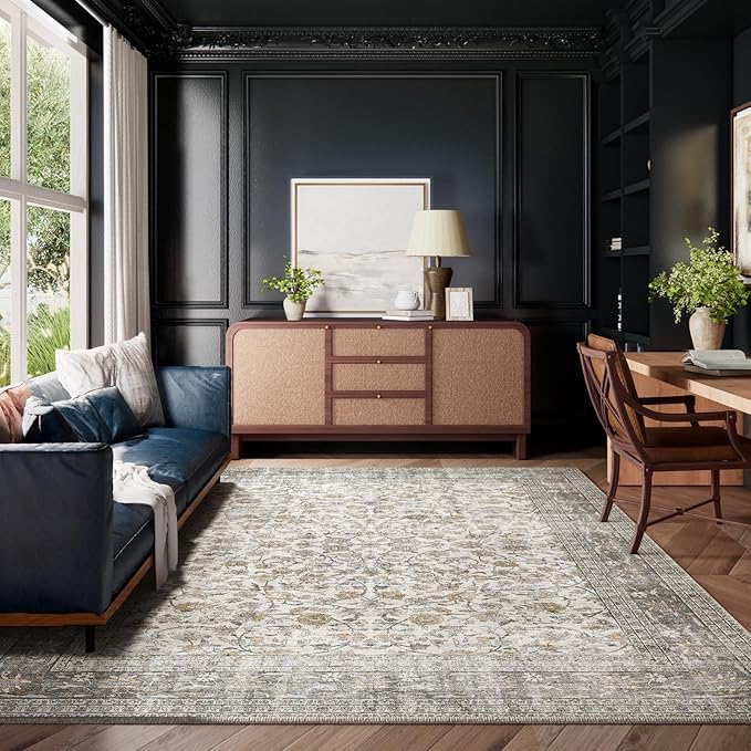 Machine Washable Rugs for Living Room: 9x12 Area Rugs for Bedroom Vintage Stain Resistant Non Slip Low Pile Soft Boho Carpet for Kitchen Dining Room Farmhouse Kids Room Nursery