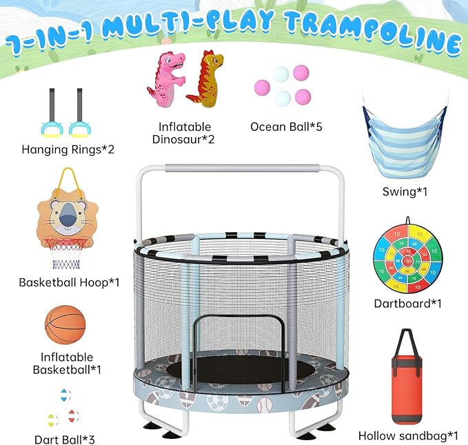LAMERGE 55" 7-in-1 Round Trampoline for Kids Boys & Girls Ages 1-8, Indoor & Outdoor Trampoline for Fun, Adjustable Height Handrail ＆ Enclosed Safety Net ＆ Durable Designs for Toddlers Children