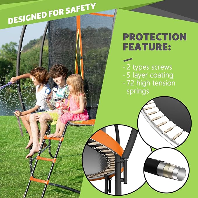 14FT 12FT 10FT 16FT Trampoline with Safety Enclosure, Anti-Rust Coating – ASTM Certified, Heavy-Duty Outdoor Trampoline with Ladder – for Kids & Adults
