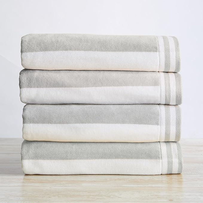 Great Bay Home 100% Cotton Velour 4 Pack Beach Towels 30" x 60" - Grey Cabana Stripe Pool Towels - Quick Dry, Large Swim Towels