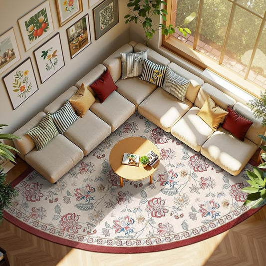 jinchan Floral Corner Rug for Living Room Washable Bedroom Rug Vintage Romance Design Non Slip Quarter Circle Lightweight Low-Pile Throw Carpet for Reading Nook Playroom,8ft Radius, Red/Beige
