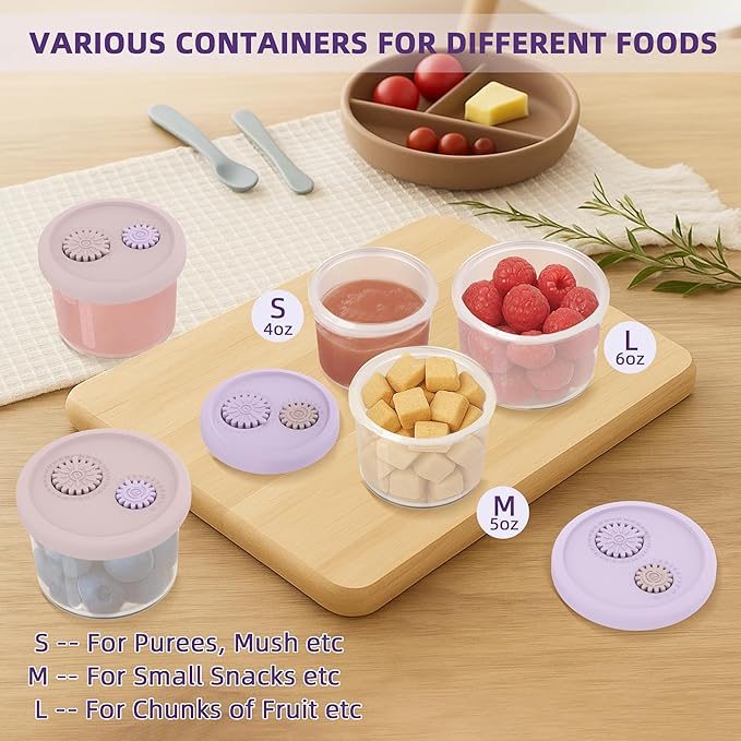 Silicone Baby Food Containers with Date-Tracking Lids, 6-Pack Reusable Snack Containers Food Storage Jars for Infants, Microwave, Dishwasher & Freezer Safe, 3 Sizes