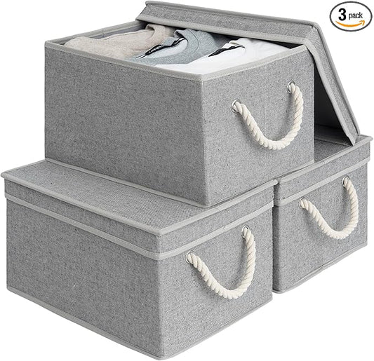 StorageWorks Large Storage Bins with Lids, Decorative Storage Boxes with Lid and Soft Rope Handles, Foldable Storage Baskets for Closet, Shelves, Stackable, Gray, 3-Pack