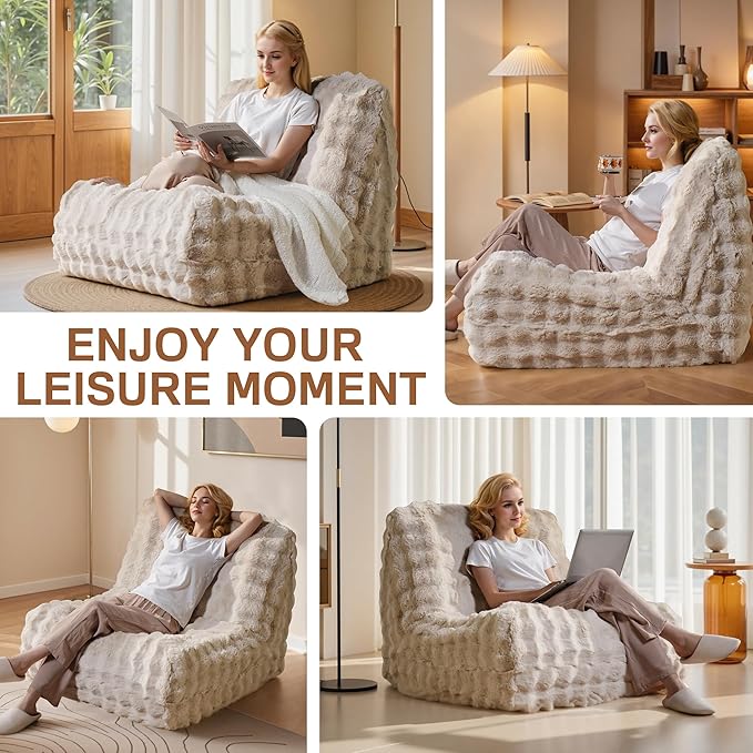 Modern Bean Bag Chair, Large Bean Bag Couch for Adults with Memory Foam Filled, Soft Faux Bunny Fur Lazy Chair for Living Room Bedroom Dorm Apartment, No Assembly Required, Beige