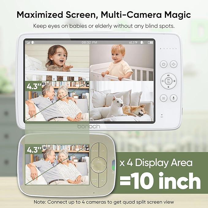bonoch MegaView Baby Monitor No WiFi, 10" 720p Video Baby Montior with Camera and Audio, Up to Quad Split Screen, 10000mAh Battery, VOX Mode, Remote PTZ, Night Vision, for Multi-Child, Pets, Elderly