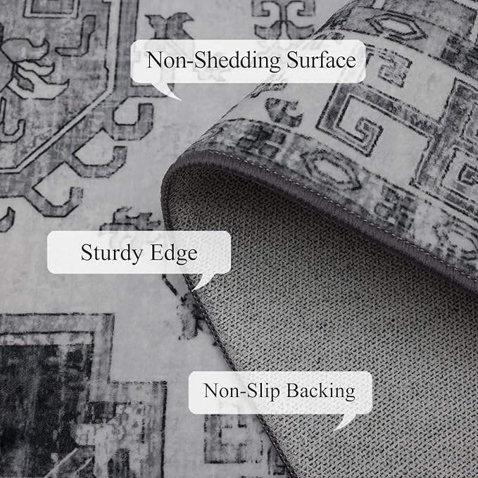 Washable Area Rugs 8x10, Large Rugs for Living Room, Carpet for Bedroom, Soft Faux Wool Retro Dining Room Rug, Non-Slip Backing Resistant Low Pile Vintage Print Rug for Home Office (Medium Gray)