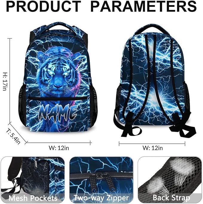 Boys School Backpack, Personalized Tiger Backpacks with Name for Kids Kindergarten Primary Senior Middle, 17 Inch Durable Personalized Cool Lightning Bookbag for School