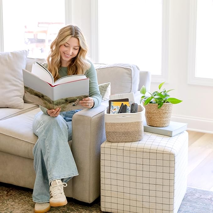 NaturalCozy Storage Cubes 9”x9”x7”Cotton Rope Woven Baskets for Organizing 3-Pack | 9 Inch Cube Storage Bin | Small Basket for Shelf Nursery, Pantry, Decorative Plant, Bathroom Closet, Toy Gift