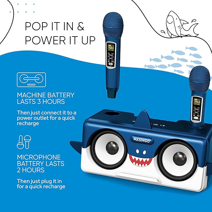 MASINGO Shark Karaoke Machine for Kids, Children and Toddlers with 2 Wireless Bluetooth Microphones, Portable PA Speaker Includes Lyrics Display Phone Holder, TV Cable and Singer Vocal Removal Mode