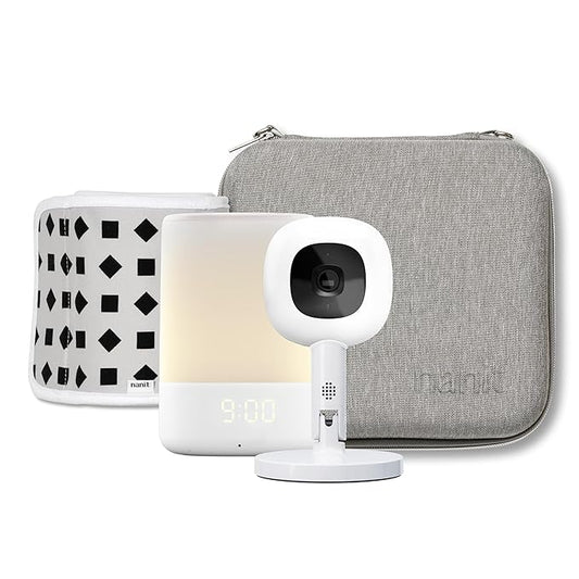 Nanit Travel Light Bundle Pro Camera with Portable Flex Stand, Sound + Light Audio Monitor & Baby Night Light, and Travel Case - Gray Oxford Edition