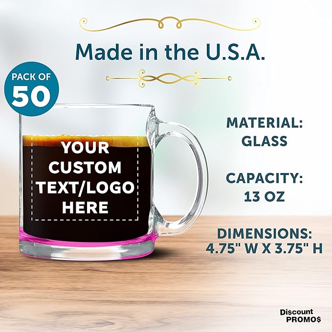 Custom Libbey Clear Glass Coffee Mugs 13 oz. Set of 50, Personalized Bulk Pack - Perfect for Coffee, Tea, Espresso, Hot Cocoa, Other Beverages - Pink Bottom