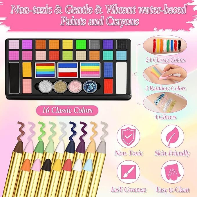 Face Painting Kit for Kids, 27 Colors Non-Toxic Paint with Brushes, 16 Crayons, 6 Reusable & 40 Sticky Stencils, Face Gems, Tattoos for Cosplay Parties & Halloween Makeup
