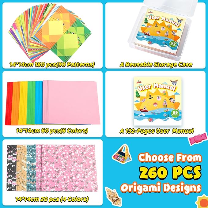 Origami Kit for Kids Ages 5-8 8-12, 260 Sheets Origami Paper with 99 Patterns and Guiding Book, Funtopia DIY Craft Art Projects Supplies for Boys Girls, Travel School Vacation Activities Toy