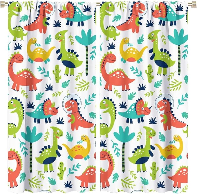 Rustic Dinosaurs Curtains Colorful Dino Kids Boys Cartoon Cute Cool Funny Decor Printed Blackout Rod Pocket Window Drapes for Living Room Bedroom W21xL45in Decor