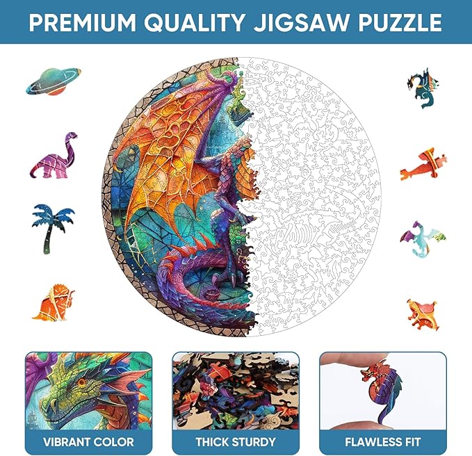 Wooden Puzzles for Adults, Dragon Puzzle Color Challenge Jigsaw Puzzles 200 Piece (Medium,10.9x11.5 in) Thickened Unique Shapes Family Reunion Puzzle, Best Gift for Adults and Kids