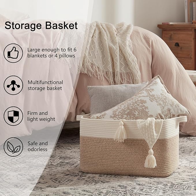 OIAHOMY 65L Blanket Basket, Cotton Rope Woven Blanket storage for Living Room, Rectangle Woven Baskets for Storage, 20''×16''×12'', Brown and White