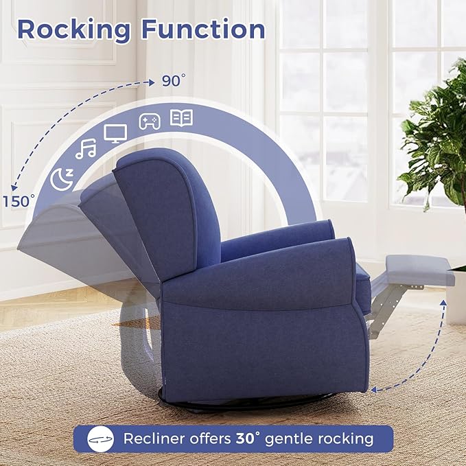 Swivel Rocker Recliner Chair Set of 2, Nursery Glider Chair, Nursery Rocking Chairs, Manual Reclining Chair, Blue