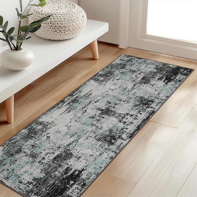 Washable Area Rugs 2'x6' Non-Slip Modern Abstract Soft for Living Room Entryway Bedroom Nursery, Print Pattern, Blue Black Teal