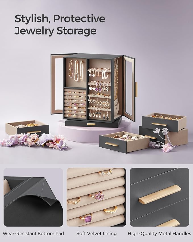 SONGMICS Jewelry Box 360° Rotating, Jewelry Storage Case with 5 Drawers, Jewelry Organizer, Glass Window, Spacious, Vertical Jewelry Storage, Open Design, Great Gift, Slate Gray UJBC170G01