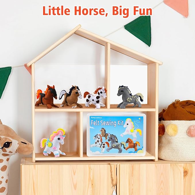 Flying Childhood Horse Sewing Kit for Kids Adults, Make 5 DIY Projects with Plush Stuffed Horse, Birthday Gifts Toys for Girls Boys Ages 8 9 10 11 12, Learn to Sew Kids Crafts