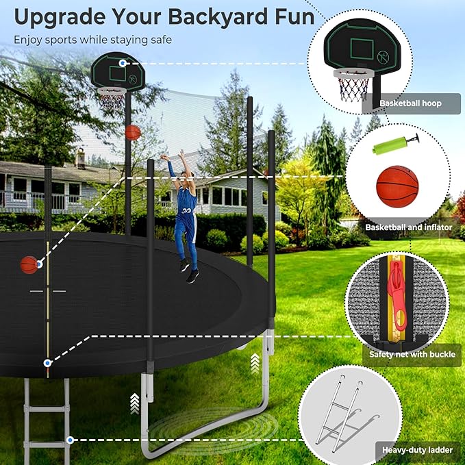Upgraded 10/12/14/15/16FT Trampoline Outdoor, Large Kids Trampoline with Light, Stakes, Sprinkler, Backyard Trampoline with Basketball Hoop and Net, Capacity for 4-6 Kids and Adults