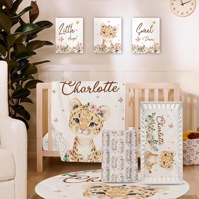 Personalized Nursery Crib Bedding Set: Custom Name 5 Piece Baby Crib Sets with Floral Leopard Design - Toddler Double Layer Blanket Set, Comfortable Crib Bed Sheets for Baby Grils