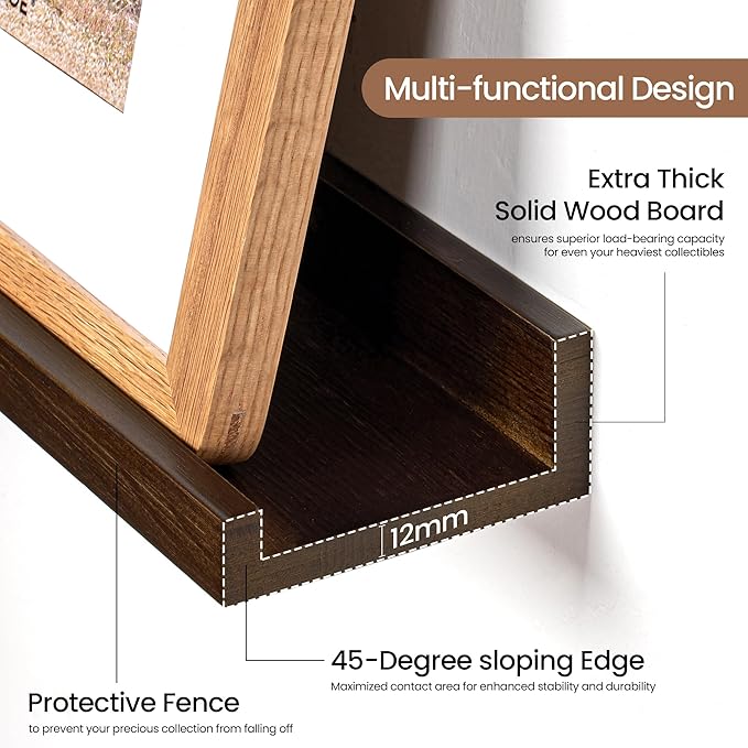 Picture Ledge Shelf, Solid Pine Wood Floating Shelves Set of 2, 48 Inches Nursery Book Shelves for Toys Storage, Kids Bookshelf Wall Mounted for Living Room Bedroom Decor Books Photo Frames, Walnut