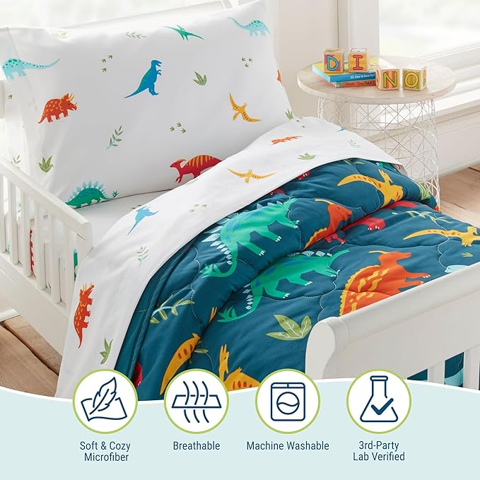 Wildkin Toddler Bed in a Bag – 4-Piece Microfiber Bedding Set with Comforter, Pillowcase & Sheets - Jurassic Dinosaurs