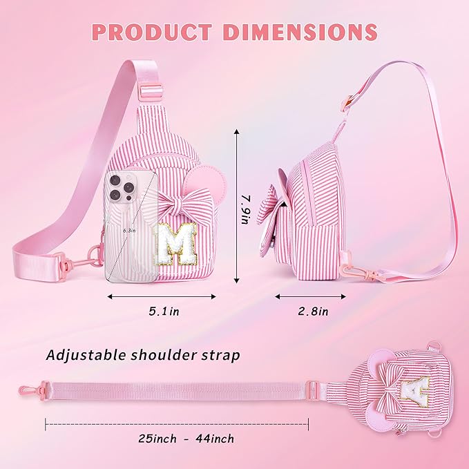 Birthday Gifts for Girls, Sling Bags for Girl Kid Travel, Birthday Gifts for 4 5 6 7 8 9 10 Year Old Girls Small Initial Pink Cross Fanny Packs Sling Bag for Daughter Gift (Pink T)
